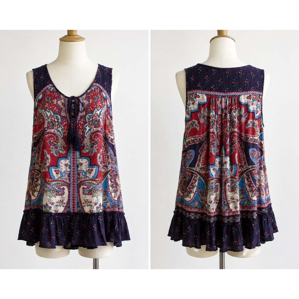 Bila Boho Paisley Tunic Top Navy Red Floral Sleeveless Ruffle Hem L